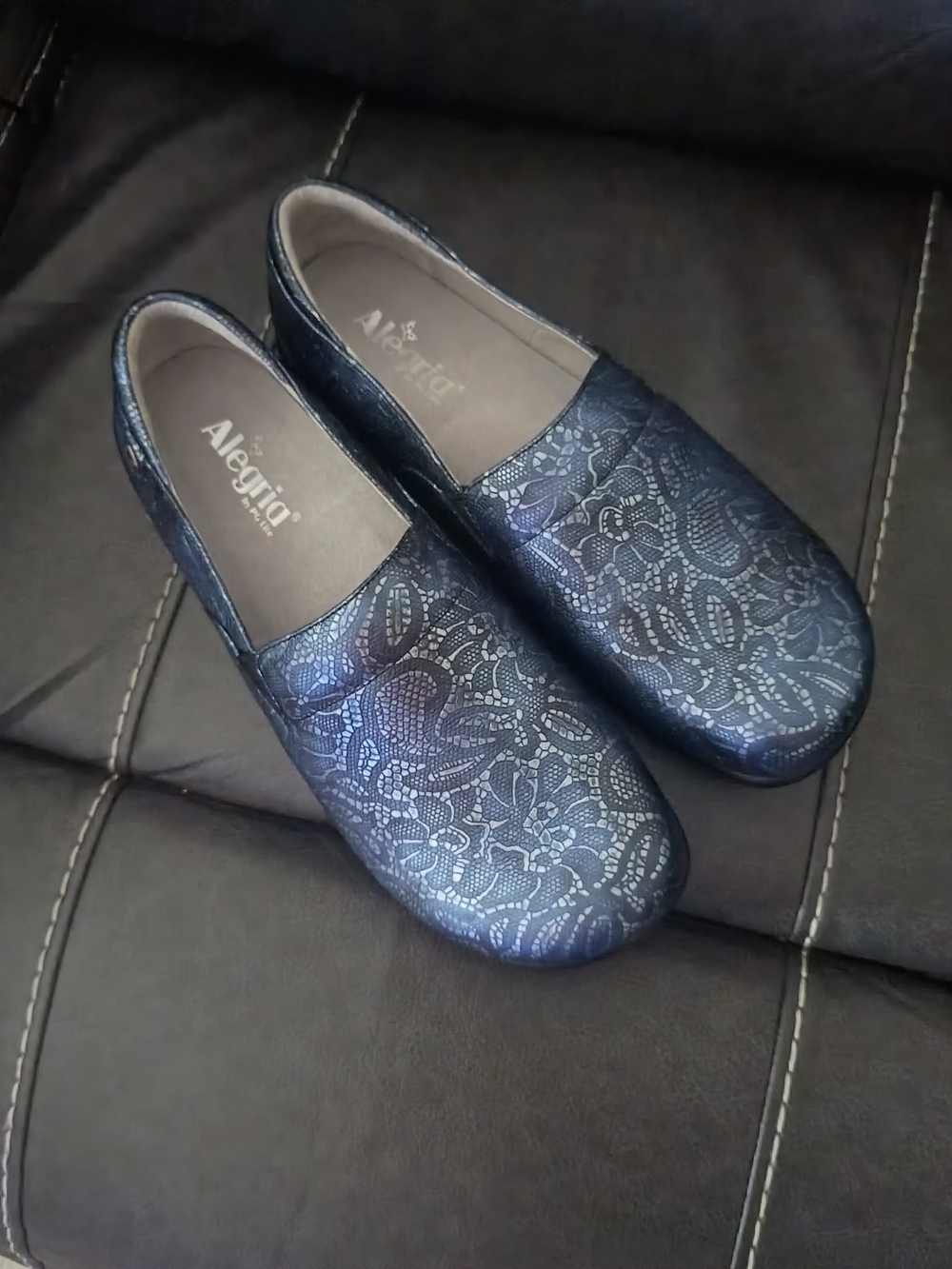 Alegria Navy Floral Lace Slip-On Clogs